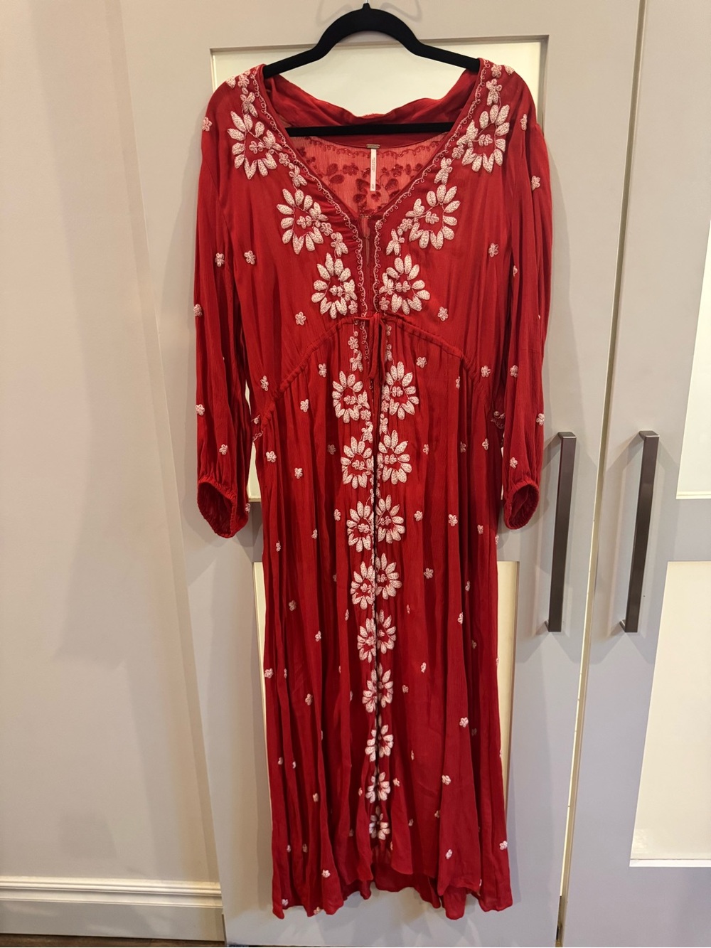 Free People Red Maxi Dress with White Floral Embroidery